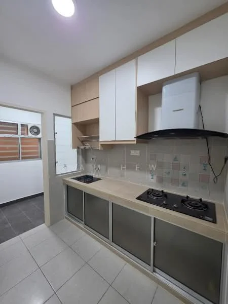 Kitchen features: white upper cabinets, wood lower cabinets, stainless-steel countertop, double-burner gas hob, stainless-steel sink, wall-mounted range hood, tiled backsplash with pastel colors, ceramic tile flooring, recessed ceiling lights; style: modern. Room features: glass door, window with wooden slats, grey tiled flooring.