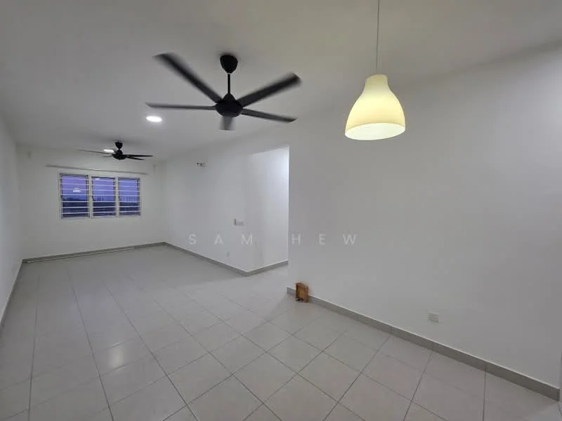 Living features: white painted walls, grey floor tiles, 2 ceiling fans, 1 pendant light, large windows with blinds, open layout, corner for potential furniture placement, neutral color scheme; style: modern.