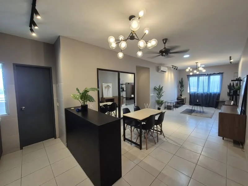 Living features: open-plan layout, tile flooring, recessed downlights, 5-blade ceiling fan, chandelier with multiple bulbs, large window with sheer curtains, wall-mounted TV, sofa set, coffee table, dining table with chairs, indoor plants, decorative wall shelves; style: modern. Kitchen features: black kitchen island, stainless-steel sink, kitchen cabinetry, countertop space; style: modern.