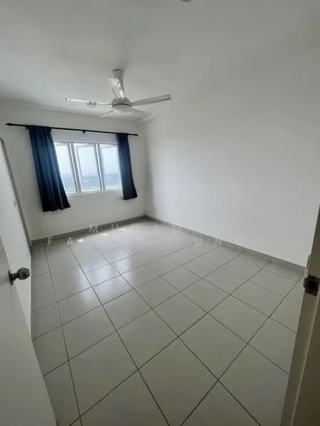 Bedroom features: white painted walls, grey tiled flooring, 5-blade ceiling fan, floor-to-ceiling windows, blue curtains, city view; view: city.