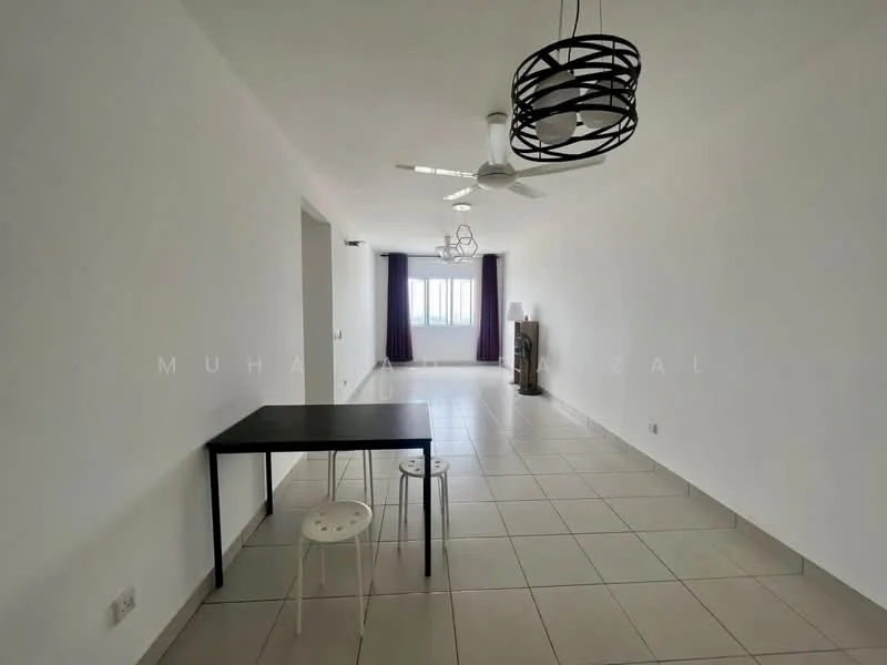 Living features: white painted walls, tile flooring, 5-blade ceiling fan with light, 2 pendant lights, floor-to-ceiling windows, curtains, black dining table, 2 white stools, TV console, decorative wall feature; style: modern; view: city.