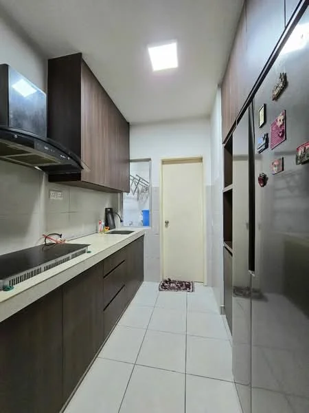Kitchen features: dark wood cabinetry, white quartz countertop, stainless-steel sink, chrome pull-down faucet, built-in oven, stainless-steel fridge, ceramic tile flooring, recessed ceiling lights, wall-mounted range hood, open shelving, laundry area visible, neutral wall color, door to utility area; style: modern.