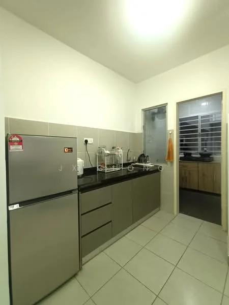 Kitchen features: grey cabinetry, black granite countertop, stainless-steel fridge, built-in oven, ceramic tile flooring, white painted walls, window with blinds, kitchen sink, kettle, toaster, dish rack; style: modern.