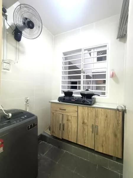 Kitchen features: grey tiled flooring, white painted walls, wooden cabinetry with natural finish, granite countertop, stainless-steel sink, gas stove with two burners, exhaust fan, window with metal grille, washing machine, wall-mounted storage; style: modern.