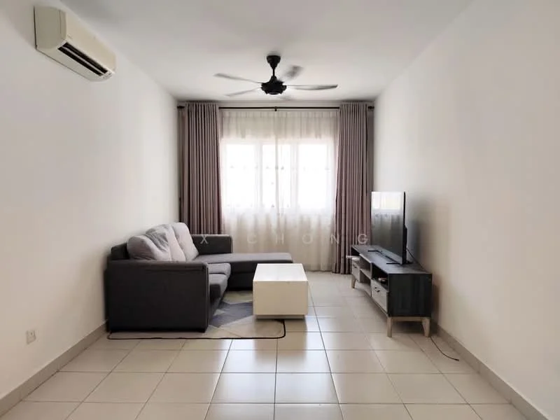 Living features: grey fabric sofa, white coffee table, TV console, wall-mounted TV, floor-to-ceiling windows, sheer curtains, 5-blade ceiling fan with light, wall-mounted split AC, light-colored tiled flooring, neutral painted walls; style: modern.