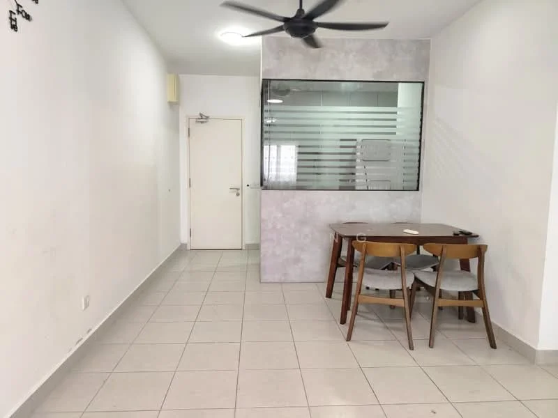 Dining features: dining table with four chairs, white painted walls, light grey accent wall, tile flooring, ceiling fan, glass partition, door to hallway; style: modern. Room features: tile flooring, white painted walls, ceiling fan.