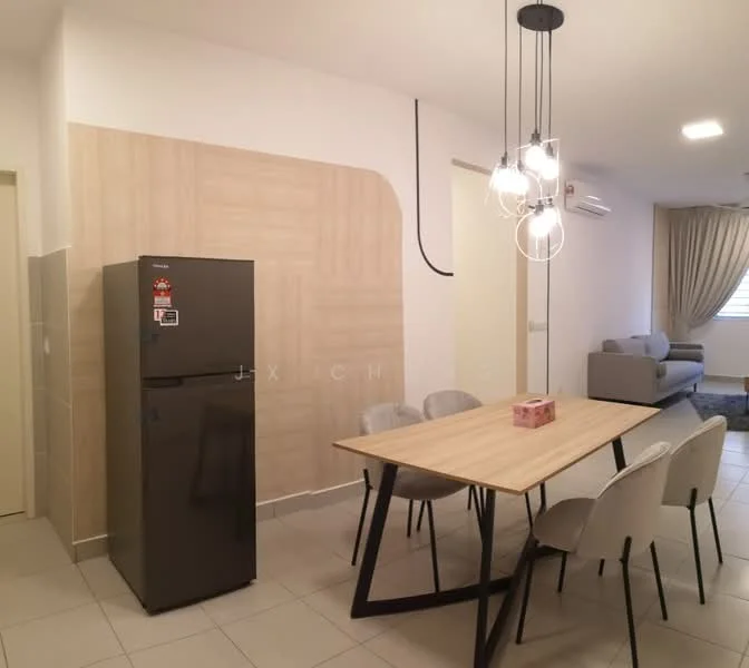 Dining features: rectangular wooden dining table, 4 upholstered dining chairs, grey fridge, pendant light fixture with multiple bulbs, cream painted walls, tile flooring, air conditioning unit, curtains, sofa in background; style: modern.