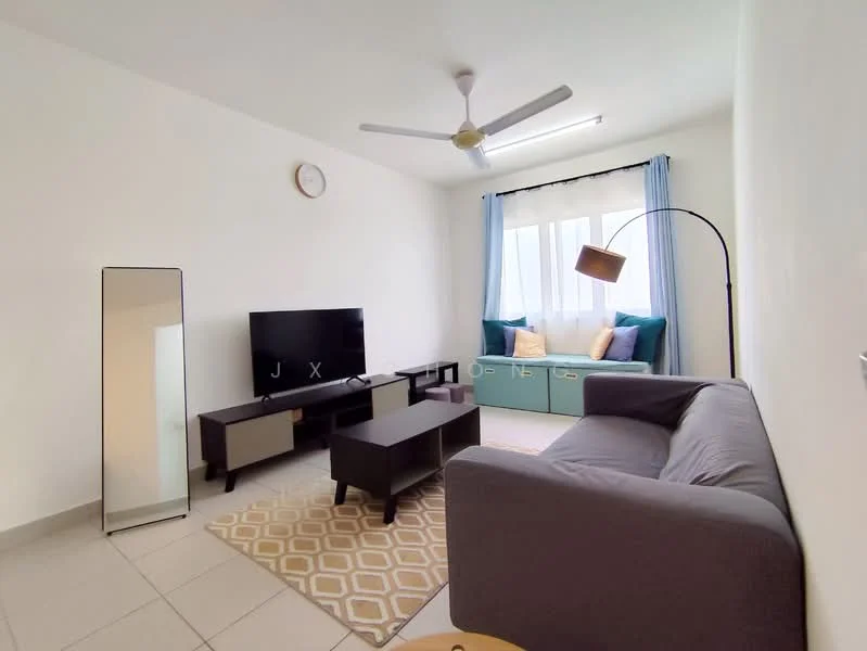 Living features: 3-seater fabric sofa in grey, floor lamp with arc design, TV console, wall-mounted TV, coffee table, area rug with geometric pattern, large mirror, ceiling fan with light, curtains, light-colored walls, tile flooring; style: modern.