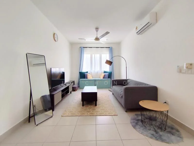 Living features: 3-seater fabric sofa in grey, floor lamp with curved arm, coffee table, TV console, wall-mounted TV, area rug with geometric pattern, ceiling fan, 1 wall-mounted split AC, large window with sheer curtains, decorative mirror, light-colored walls, tile flooring; style: modern.