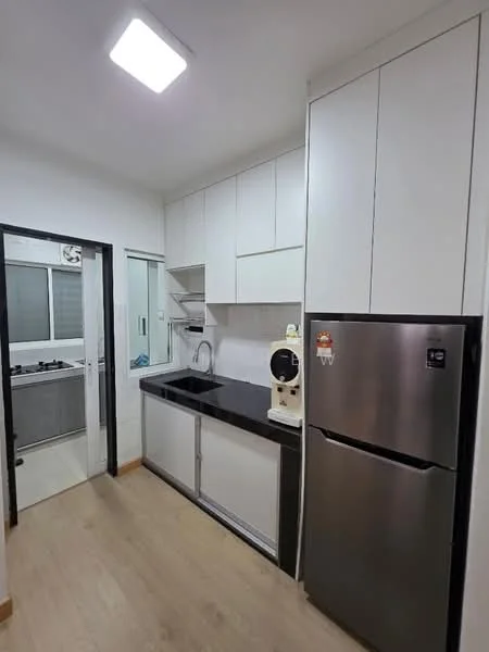 Kitchen features: white cabinetry, black countertop, stainless-steel fridge, single-bowl stainless-steel sink, chrome pull-down faucet, built-in oven, gas hob, wall-mounted cabinets, wooden flooring, recessed ceiling lights; style: modern. Room features: glass sliding door, white walls, tile flooring.