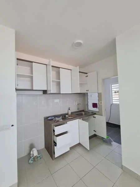Kitchen features: white upper cabinets, wood lower cabinets, stainless-steel sink, chrome faucet, grey tiled backsplash, white tiled walls, light grey floor tiles, open shelving, countertop space, kitchen cabinet doors partially open; style: modern.