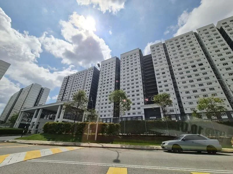 Exterior type: high-rise condominium; features: white painted facade, black accent panels, multiple storeys, large windows, landscaped garden, manicured lawn, entrance canopy, surrounding greenery, parking area, street view, sunlight reflecting off the building; style: modern.