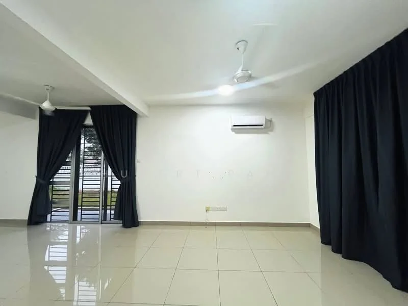 Living features: white painted walls, polished ceramic tile flooring, 2 ceiling fans, 1 wall-mounted split AC, floor-to-ceiling windows with black curtains, sliding glass door, neutral color scheme, natural light from windows; style: modern; view: garden.