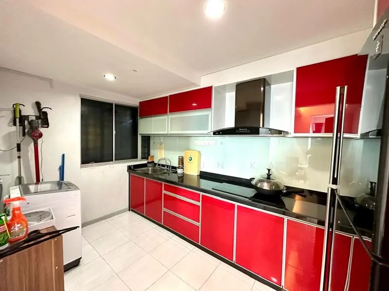 Kitchen features: red cabinetry, black countertop, stainless-steel range hood, built-in oven, double-bowl stainless-steel sink, chrome pull-down faucet, ceramic tile flooring, recessed downlights, floor-to-ceiling window, washing machine, microwave, kitchen appliances, open shelving; style: modern.