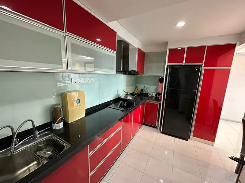 Kitchen features: red high-gloss cabinetry, black granite countertop, single-bowl stainless-steel sink, chrome pull-down faucet, built-in black refrigerator, glass backsplash, ceramic tile flooring, recessed downlights, kitchen appliances visible, wall-mounted cabinets, under-cabinet lighting; style: modern.