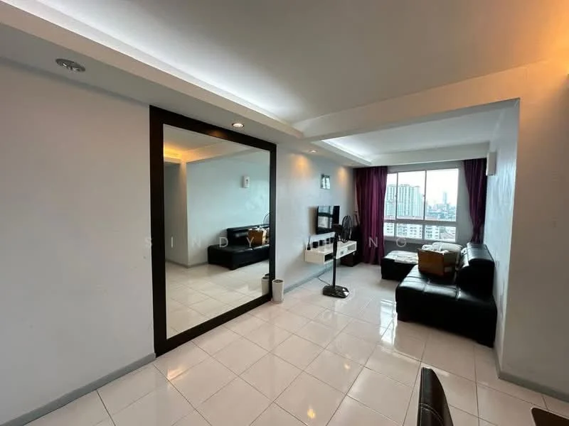 Living features: white painted walls, glossy white tile flooring, recessed downlights, large floor-to-ceiling window, black leather sofa, white TV console, large mirror, black floor lamp, curtains in dark purple, wall-mounted TV, decorative wall art; style: modern; view: city.