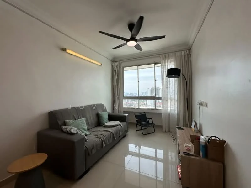 Living features: grey fabric sofa, 3-seater sofa, light green throw pillows, wooden side table, black floor lamp, ceiling fan with light, large window with sheer curtains, white painted walls, glossy tile flooring, wooden TV console, small black chair; style: modern; view: city.