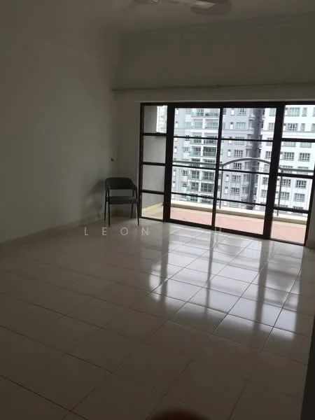 Room features: white painted walls, glazed tile flooring, floor-to-ceiling windows, sliding glass door, balcony access, ceiling fan, natural light, empty space; view: city.