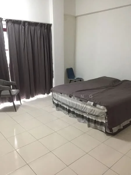 Bedroom features: queen-size bed with grey bedding, floor-to-ceiling window with dark curtains, light-colored tiled flooring, single chair in blue, white painted walls, no visible closet or storage, minimalist decor; style: minimalist.