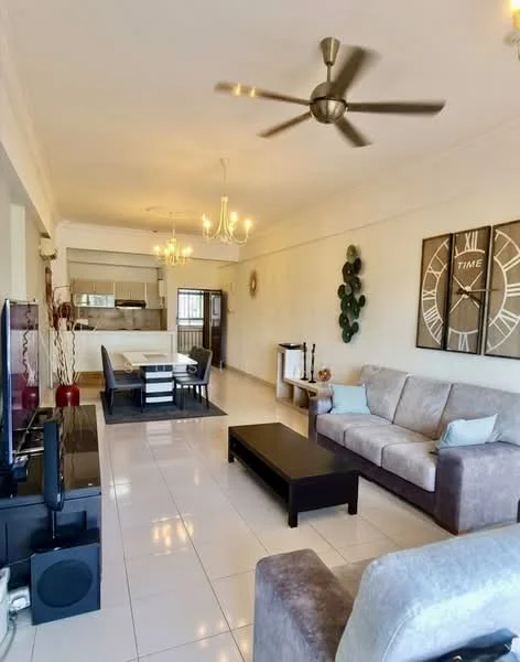 Living features: 3-seater fabric sofa in grey, 2-seater fabric sofa in light grey, black coffee table, TV console, wall-mounted TV, chandelier, 5-blade ceiling fan with light, white painted walls, tile flooring, decorative wall clock, decorative wall art, open layout to kitchen and dining area; style: modern. Kitchen features: kitchen island, white cabinetry, stainless-steel appliances, open layout to living area; style: modern.
