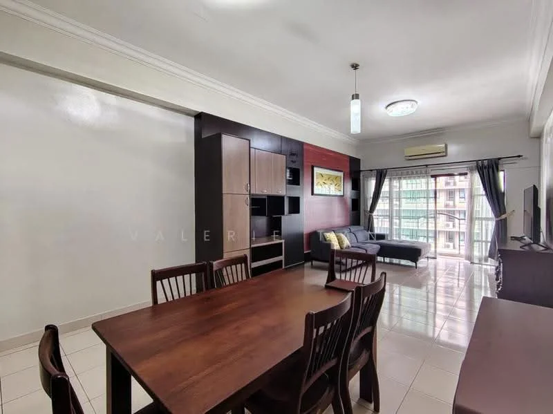 Living features: cream painted walls, white tiled flooring, sofa in grey fabric, wooden dining table with four chairs, TV console, wall-mounted TV, decorative artwork on wall, ceiling light fixture, air conditioning unit, floor-to-ceiling windows with sheer curtains, sliding glass door leading to balcony; style: modern; view: city.