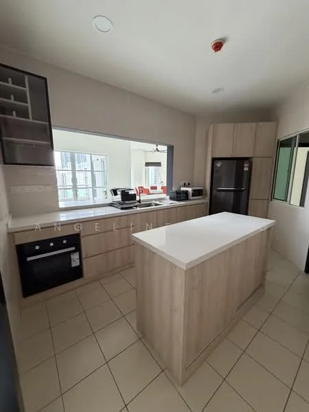 Kitchen features: light wood cabinetry, white quartz countertop, built-in oven, stainless-steel fridge, kitchen island with seating, ceramic tile flooring, double-basin sink, chrome pull-down faucet, open shelving, window with view, recessed lighting; style: modern; view: city.