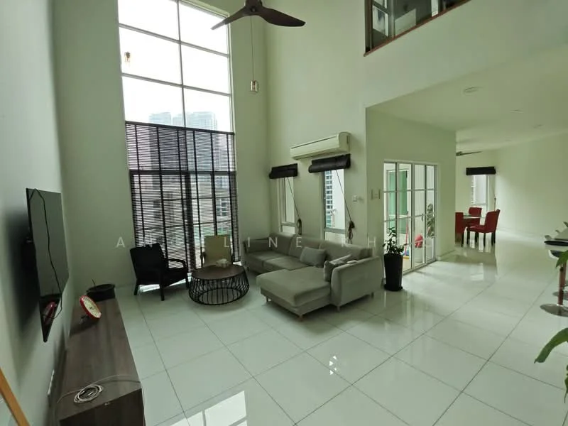 Living features: large floor-to-ceiling windows, grey fabric sectional sofa, round coffee table, wall-mounted TV, white tiled flooring, recessed downlights, ceiling fan, air conditioning unit, decorative wall panel, sliding glass door, sheer window treatments, open layout to dining area; style: modern; view: city.