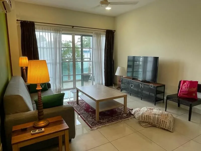 Living features: 3-seater fabric sofa in grey, wooden coffee table, area rug with geometric pattern, floor-to-ceiling windows, sheer curtains, wall-mounted TV, TV console, ceiling fan, decorative lamp, side table, pillow, outdoor view; style: modern; view: garden.