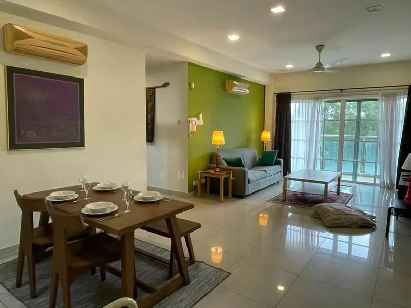 Living features: light grey fabric sofa, wooden coffee table, area rug, 5-blade ceiling fan with light, floor-to-ceiling windows, sheer curtains, wall-mounted air conditioning unit, decorative wall art, green accent wall, laminate flooring, LED recessed lighting; style: modern; view: garden. Dining features: wooden dining table for four, wooden dining chairs, table setting with plates and glasses, area rug under dining table; style: modern.
