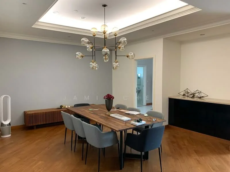 Dining features: wooden dining table, 8 upholstered dining chairs in grey, chandelier with glass globes, cream painted walls, wooden flooring, decorative geometric sculpture, sideboard with dark finish, air purifier, vase with flowers; style: modern.