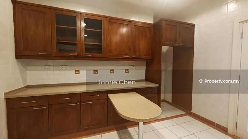 Kitchen features: brown wooden cabinetry, glass-front upper cabinets, laminate countertop, built-in appliances, white tiled backsplash, white tiled flooring, kitchen island with curved edge, multiple electrical outlets; style: traditional.