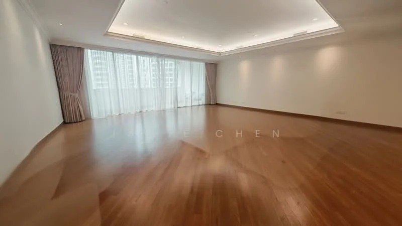 Living features: wooden flooring, white painted walls, tray ceiling with recessed lighting, floor-to-ceiling windows, sheer curtains, natural light, open layout, no visible furniture; style: modern; view: city.