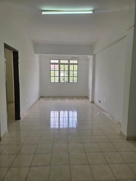 Room features: white painted walls, glossy beige floor tiles, large windows with multiple panes, ceiling lights, neutral color scheme, no visible furniture, open layout, natural light from windows; style: modern; view: garden.
