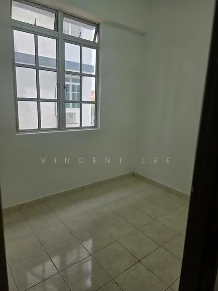 Room features: white painted walls, glazed tile flooring, single-pane windows, 4-pane window design, natural light from window, neutral color scheme, no visible furniture, empty room; style: minimalist.