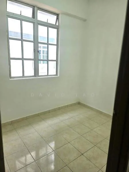Room features: white painted walls, ceramic tile flooring, single window with multiple panes, neutral color scheme, no visible furniture, bright natural light, plain ceiling, no visible ceiling fixtures; style: minimalist.