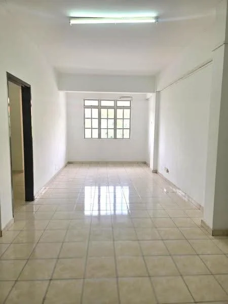 Room features: white painted walls, glossy ceramic tile flooring, large windows with multiple panes, fluorescent ceiling lights, neutral color scheme, no visible furniture, open layout, high ceiling; style: minimalist.