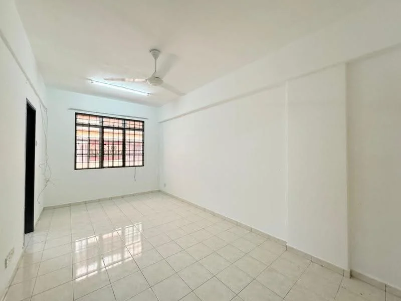 Room features: white painted walls, glossy white tile flooring, ceiling fan, large window with black metal grille, natural light from window, no visible furniture, plain ceiling, empty space; style: minimalist.