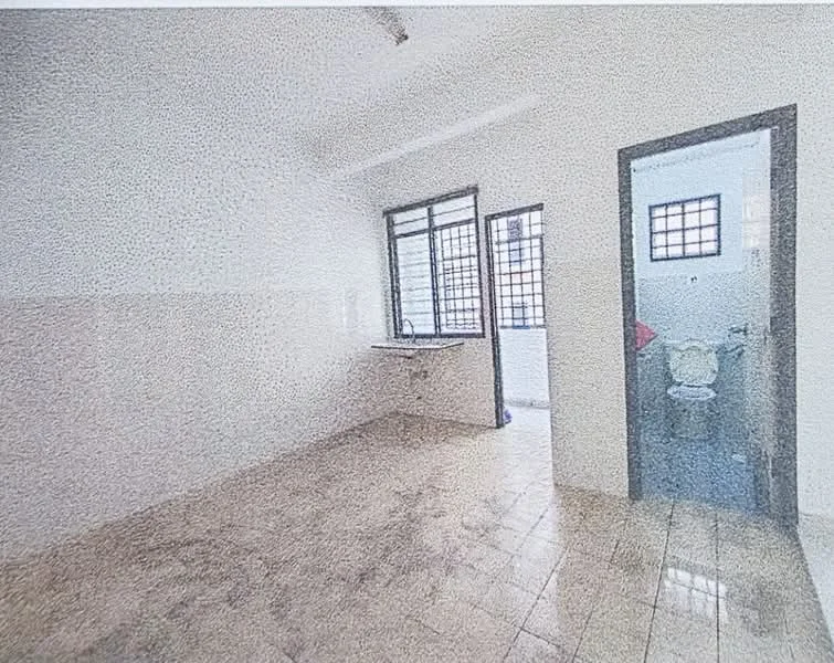Room features: white painted walls, tile flooring, window with grid pattern, sink with faucet, door leading to bathroom, light fixture on ceiling.