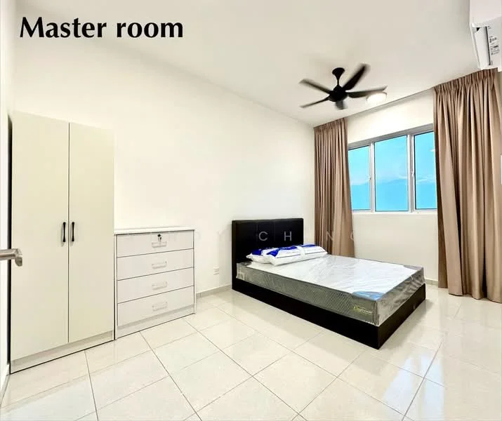 Bedroom features: king-size bed, upholstered headboard, white painted walls, tile flooring, 5-blade ceiling fan, floor-to-ceiling window, sheer curtains, built-in wardrobe, chest of drawers; style: modern; view: city.