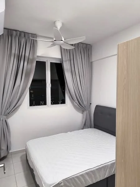 Bedroom features: queen-size bed, grey upholstered headboard, white mattress, light grey curtains, floor-to-ceiling window, 5-blade ceiling fan, white painted walls, tile flooring; style: modern.
