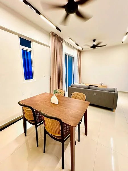 Dining features: wood dining table, 4 dining chairs with cane backrest, white vase on table, cream painted walls, floor-to-ceiling windows, sheer curtains, grey fabric sofa, ceiling fan with 3 blades, recessed LED downlights, light-colored tiled flooring; style: modern.