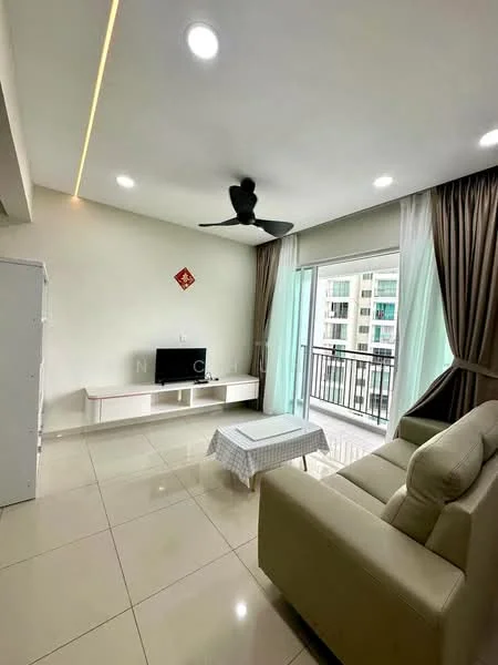 Living features: cream painted walls, white ceiling with recessed lighting, 5-blade ceiling fan, large sliding glass door, floor-to-ceiling windows, light green sheer curtains, light grey tiled flooring, TV console, wall-mounted TV, coffee table, beige fabric sofa, decorative wall art; style: modern; view: city.