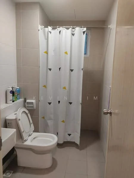 Bathroom features: white tiled walls, light grey tiled flooring, toilet, shower area with curtain, sink with cabinet, mirror, toilet paper holder, soap dispenser; style: modern.