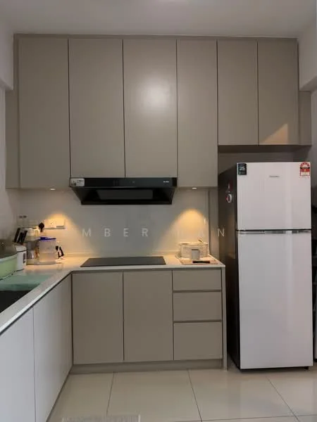 Kitchen features: light grey cabinetry, white countertop, built-in cooktop, stainless-steel range hood, white fridge, kitchen sink, wall-mounted microwave, under-cabinet lighting, ceramic tile flooring, recessed downlights; style: modern.