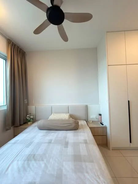 Bedroom features: queen-size bed, upholstered headboard, bedside table, built-in wardrobe, floor-to-ceiling window, curtains, ceiling fan, tile flooring, decorative pillow; style: modern.
