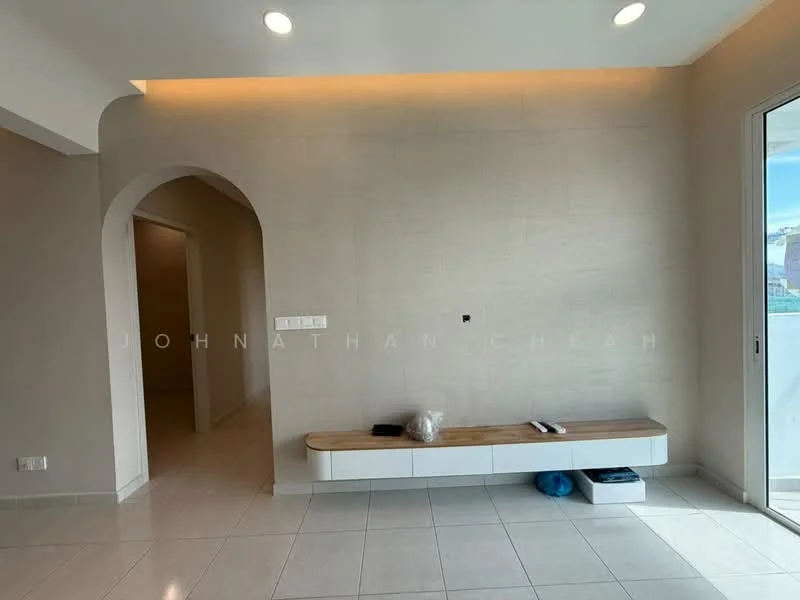 Room features: light beige painted walls, white tiled flooring, arched doorway, built-in wall shelf, minimalist design, natural light from window, neutral color palette, open layout; style: modern.