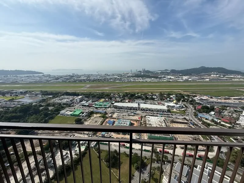 Exterior type: high-rise condominium; features: panoramic city skyline view, view of airport runway, view of surrounding greenery, visible construction sites, distant hills, clear blue sky; style: modern.