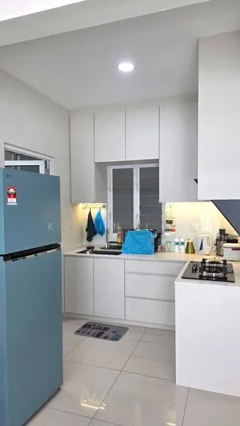 Kitchen features: light blue fridge, white cabinetry, white countertop, stainless-steel gas hob, built-in sink, white tiled backsplash, recessed downlights, window with white frames, grey floor tiles, kitchen utensils on countertop, blue bags hanging, cleaning supplies visible; style: modern.