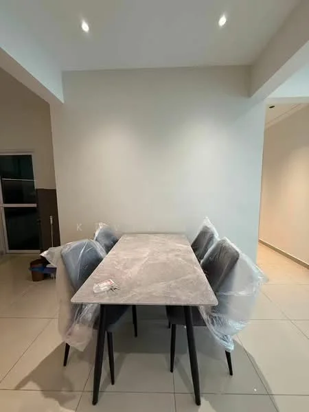 Dining features: rectangular dining table with marble top, 4 upholstered dining chairs in grey, white painted walls, recessed downlights, glossy tile flooring, plastic wrapping on chairs, minimalist decor; style: modern.