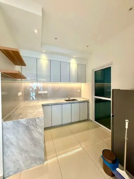 Kitchen features: grey cabinetry, marble countertop, single-bowl stainless-steel sink, chrome pull-down faucet, built-in oven, stainless-steel fridge, white walls, recessed downlights, sliding glass window, glossy tile flooring; style: modern.